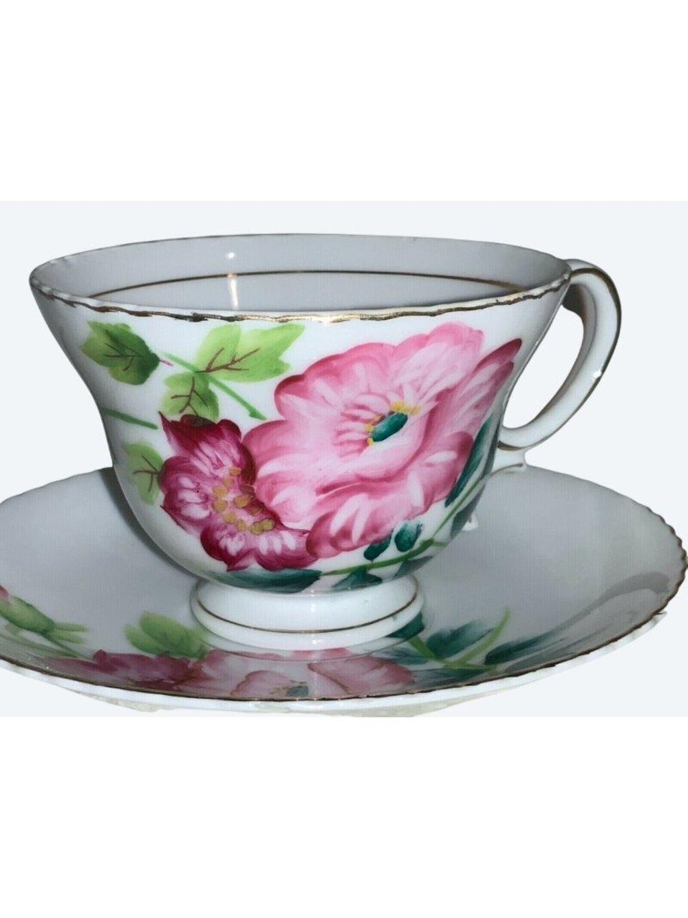 Merit China Cup and Saucer Set with Large Pink Flower Hand Painted Japan